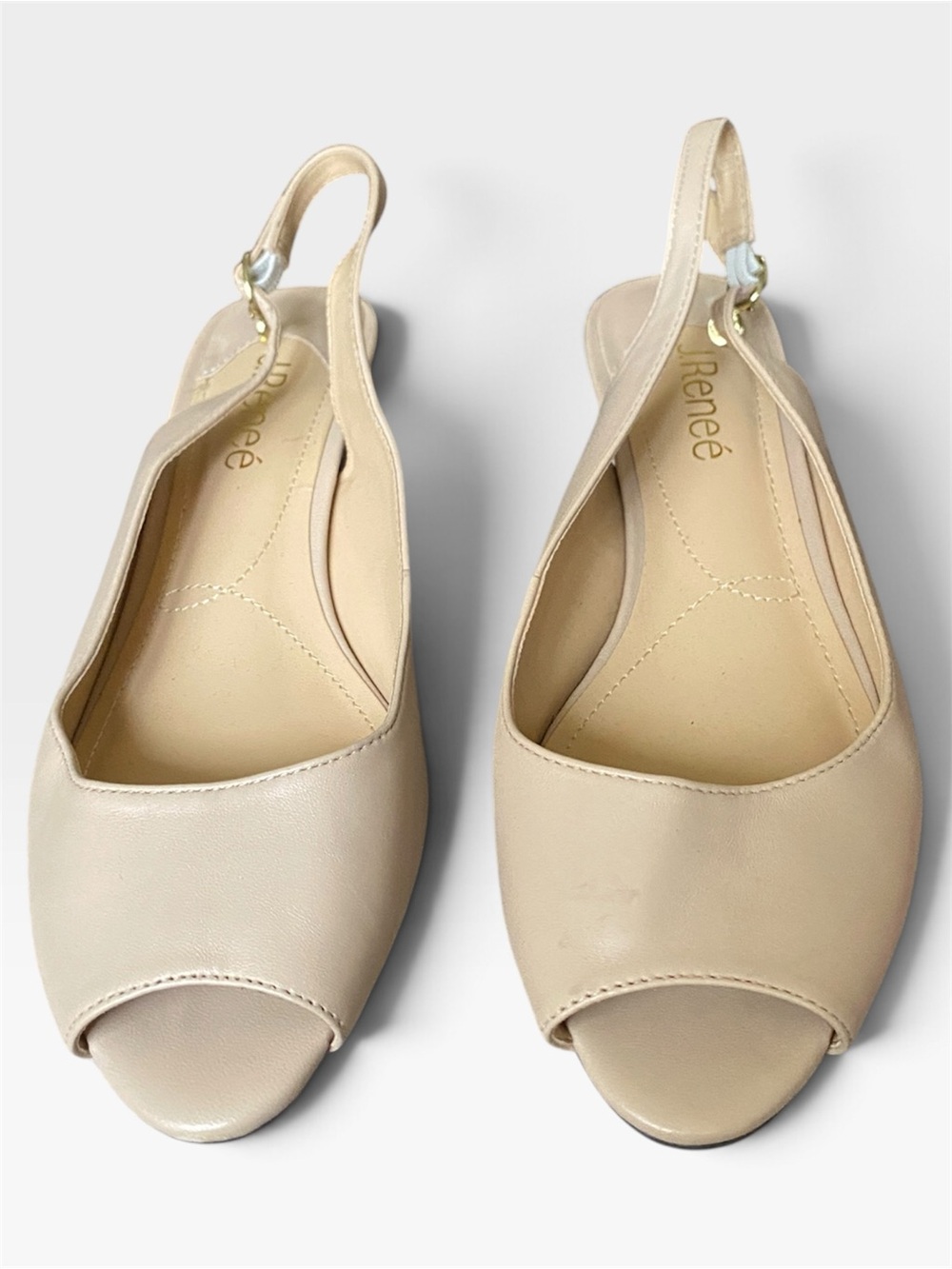 J. Renee Low Wedge Slingback Peep Toe Kitten Heel Sandals Neutral Nude 8 1/2